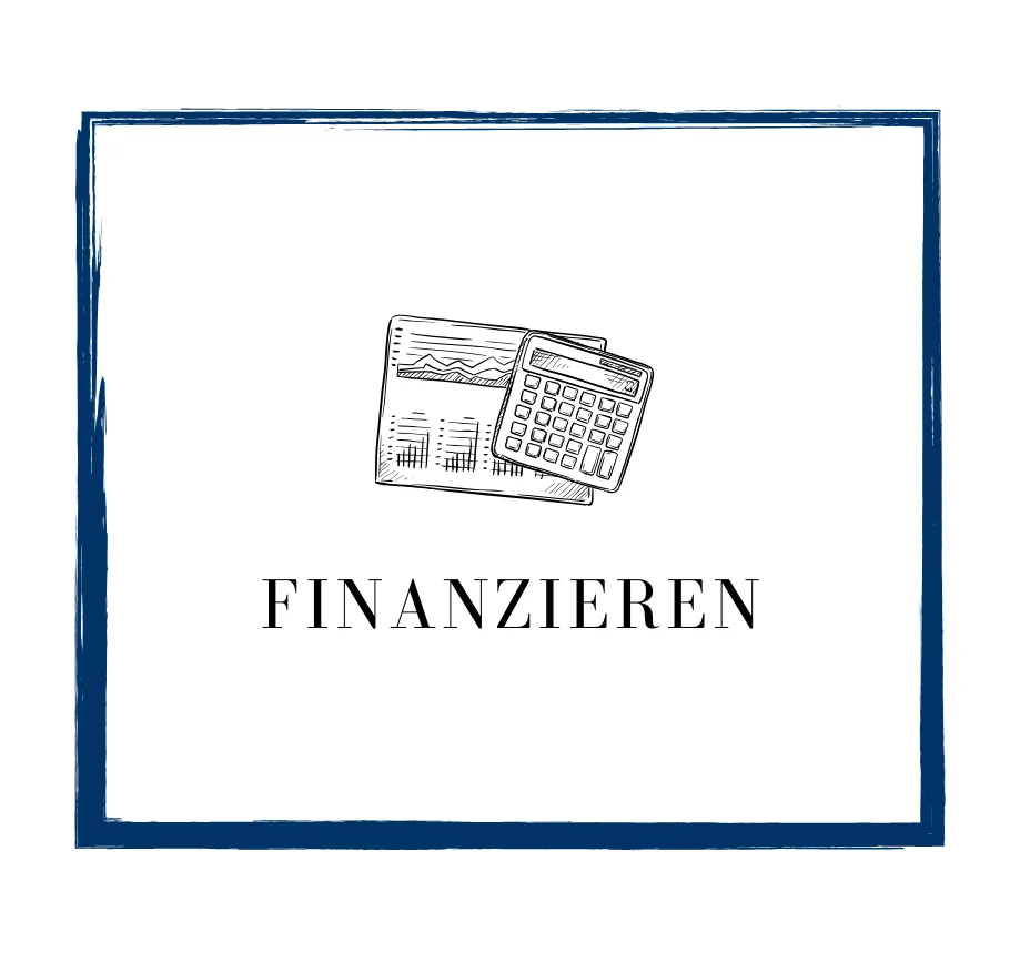 Illustration: Handgezeichneter Taschenrechner und Dokumente mit der Aufschrift ‚FINANZIEREN‘. Symbol für die Beratung zur Immobilienfinanzierung in Leipzig durch Immo Aslani.